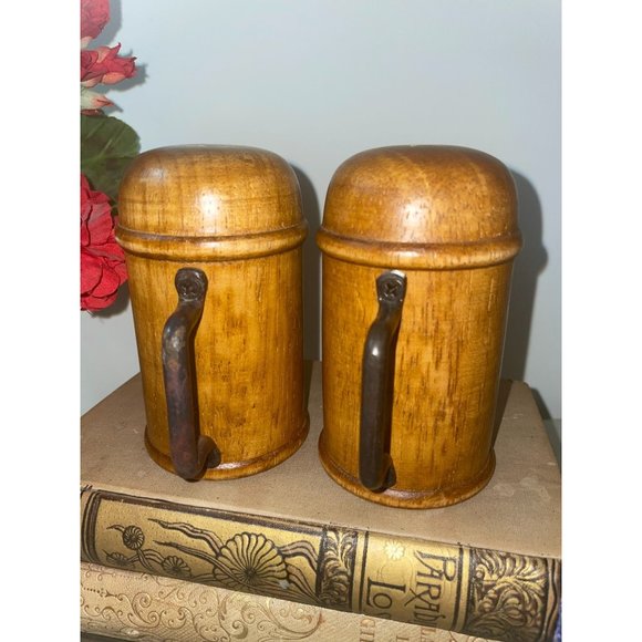 Vintage Mid Century Modern Chunky Wood Salt & Pepper Shakers with Iron Handles - Picture 4 of 9
